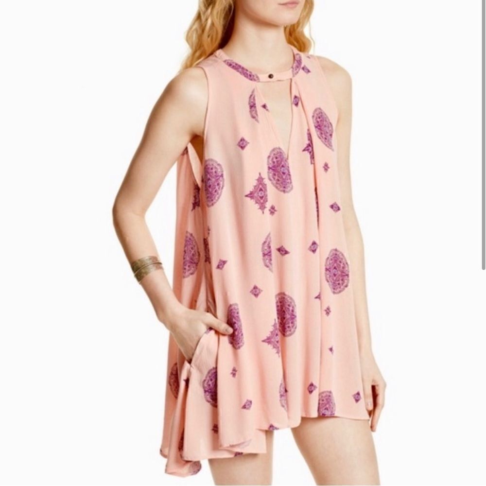 Free People Tree Swing Tunic Dress Size M Pink Purple Medallion Rayon Sleeveless